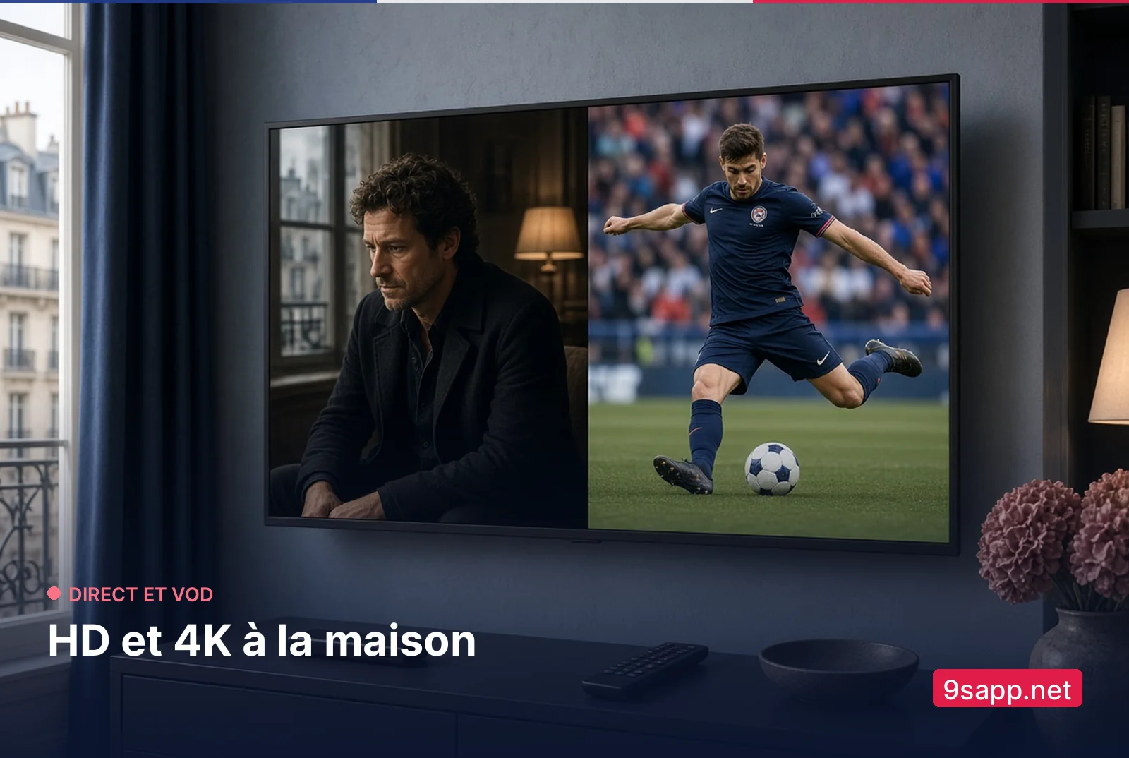 Direct et VOD HD/4K sur 9sapp.net, téléviseur dans un salon français